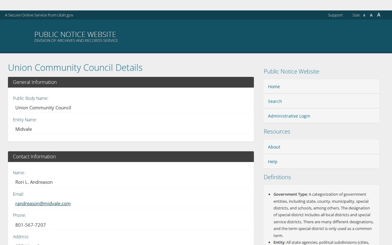 Midvale neighbors Union Community Council public body listing